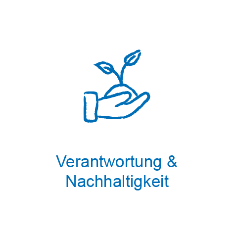 Piktogramm einer Hand in der eine Pflanze ist, darunter steht "Verantwortung & Nachhaltigkeit"