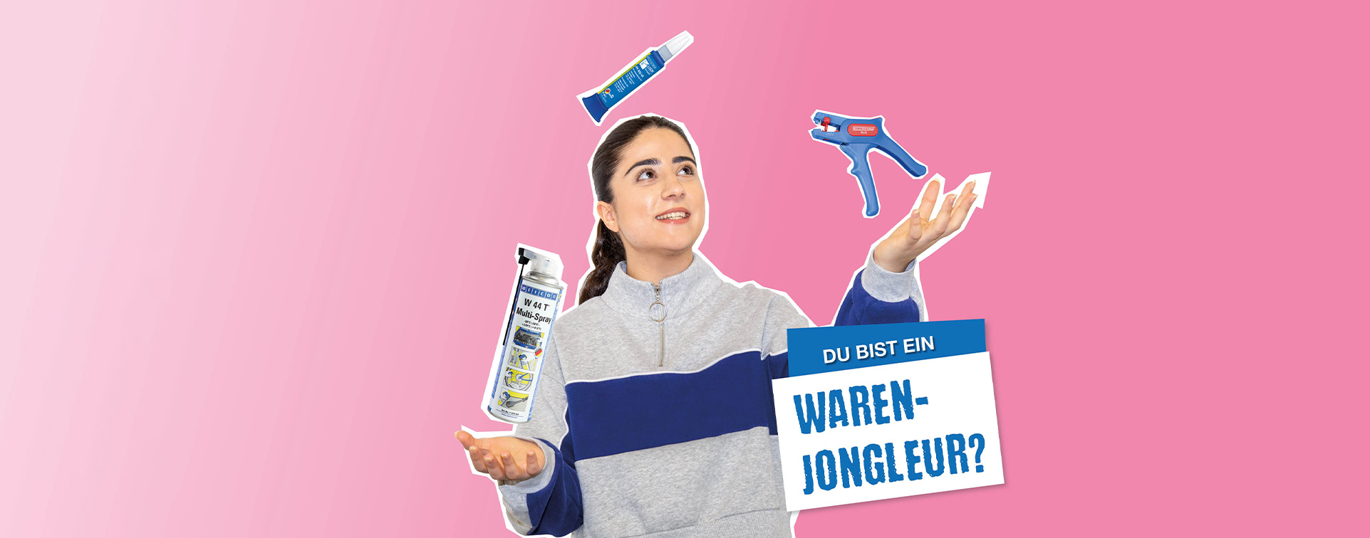 rosaner Hintergrund, in der Mitte steht eine junge Frau, die 3 Produkte jongliert, darunter steht "Du bist ein Warenjongleur?"