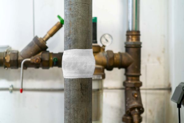 Réparation d'une canalisation métallique à l'aide d'un ruban de résine de réparation WEICON dans un local technique.