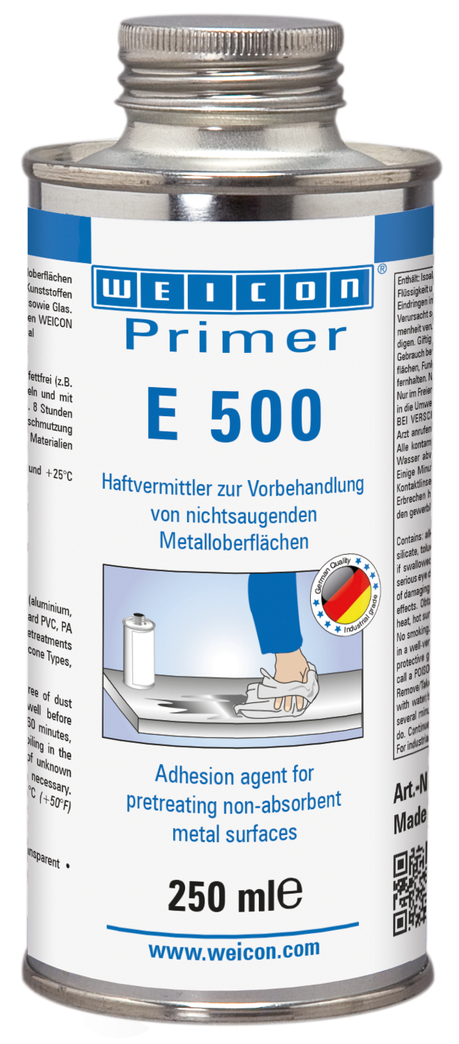 Primaire E 500 | Agent d’adhérence pour les surfaces métalliques non-absorbantes, particulièrement pour les silicones Primaire E 500 | Agent d’adhérence pour les surfaces métalliques non-absorbantes, particulièrement pour les silicones