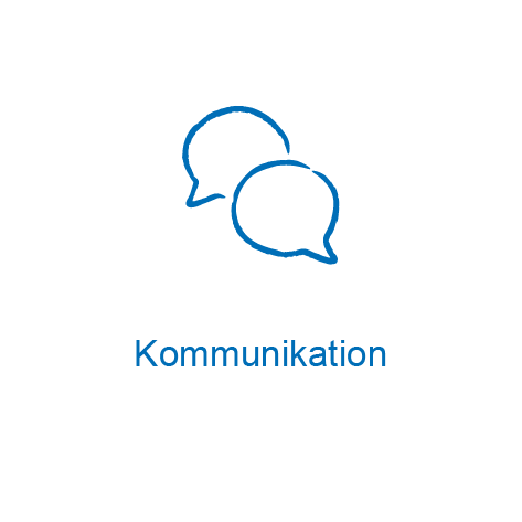 Piktogramm zwei Sprechblasen, darunter steht "Kommunikation"