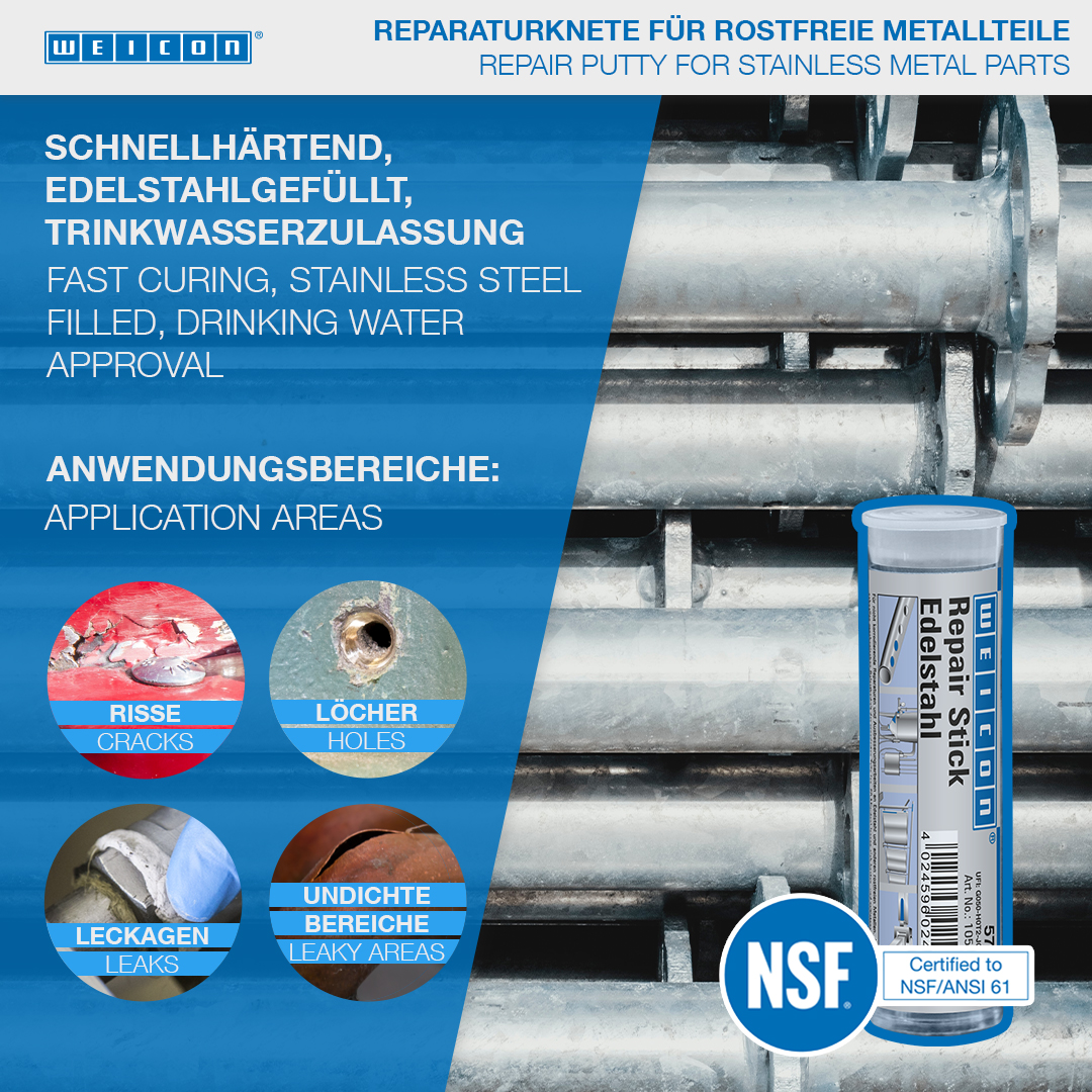 Repair Stick Acier Inox | Pâte à modeler de réparation non corrosive, homologuée pour l'eau potable