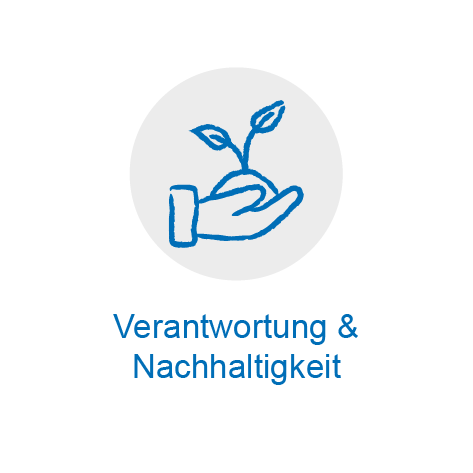 Piktogramm von einer Hand in der eine Pflanze steht, darunter steht Verantwortung & Nachhaltigkeit